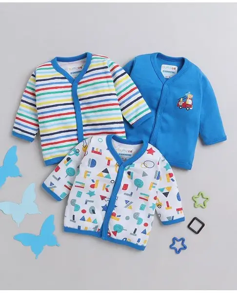 BUMZEE Cotton Woven Full Sleeves  Jhablas with Stripes & Text Print Pack of 3 - White & Blue