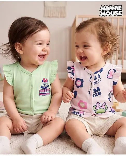 Babyoye Disney Interlock Knit Frill Sleeves Jhablas With Minnie Mouse Family Graphics Pack Of 2 - Pink & Light Green