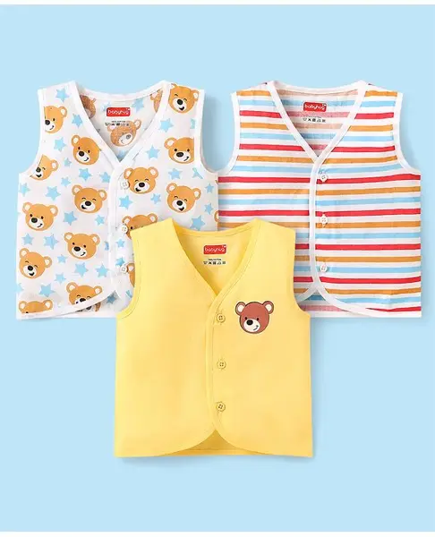 Babyhug Cambric Woven Sleeveless Jhablas With Striped & Bear Print Pack Of 3 - Yellow Red & White
