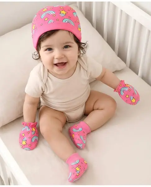 Babyhug 100% Cotton Interlock Knit Cap Mittens & Booties Set With Rainbow Print Pink - Diameter 16 cm