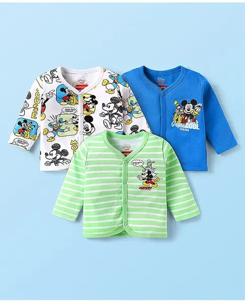 Babyhug Disney Interlock Full Sleeves Jhablas With Mickey Mouse And Family Graphic Pack Of 3  - Light Green & Blue