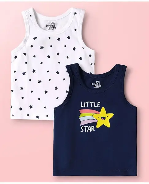 Doodle Poodle 100% Cotton Single Jersey Knit Sleeveless Vests With Star Theme Pack of 2  - White & Black