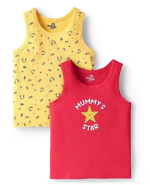 Doodle Poodle 100% Cotton Single Jersey Knit Sleeveless Vests With Text Print Pack Of 2 - Snapdragon Yellow & High Risk Redmelange