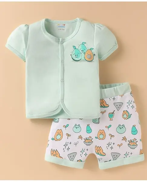BUMZEE Cotton Knit Half Sleeves Kitten & Pears Printed Front Open T-Shirt & Shorts Set - Mint Green & White