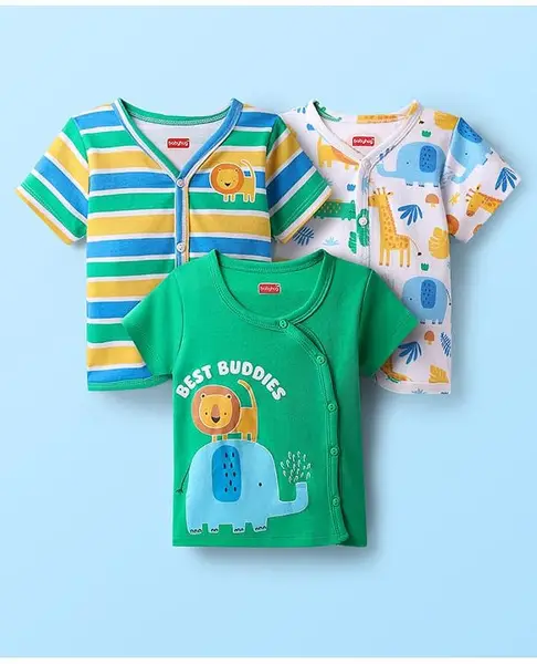 Babyhug 100% Cotton Interlock Knit Half Sleeves Front Open jhabla with Animal Print Animal Print Pack of 3 - Green White & Blue