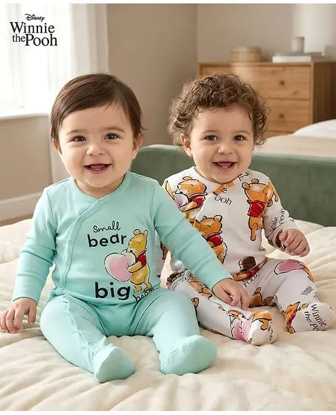 Babyoye Disney Interlock Knit Full Sleeves Front Open Footed Sleep Suits with Winnie the Pooh Graphics Pack of 2 - White & Sea Green