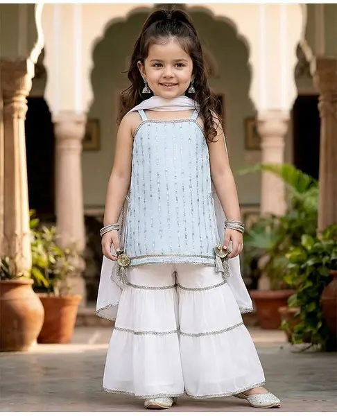 Babyhug Woven Sleeveless Kurti Palazzo Set with Dupatta Lace Detailing & Mirror Work - Light Blue & White