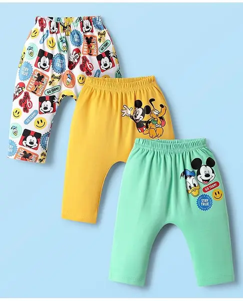 Babyhug Disney Interlock Knit Full Length Diaper Leggings with Mickey & Friends Graphic Pack of 3 - White Yellow & Light Green