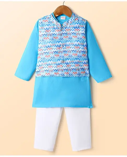 Babyhug Woven Solid Full Sleeves Kurta Pyjama Set with Printed Jacket - Blue
