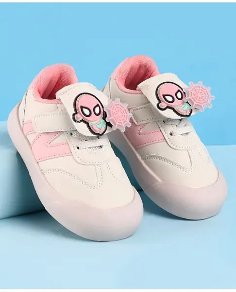Babyoye Velcro Closure Casual Shoes with Spider Man Applique - White & Pink