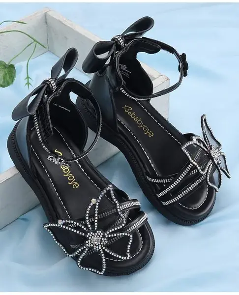 Babyoye Velcro Closure Sandals With Butterfly Bow & Floral Applique - Black