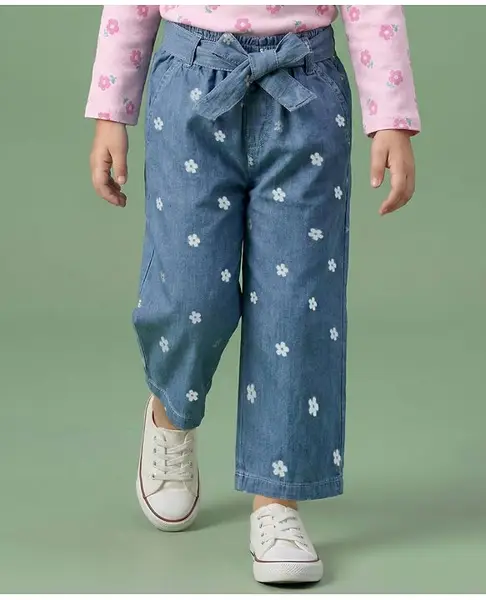 Babyhug Cotton Denim Ankle Length Culottes with Belt & Floral Print - Blue