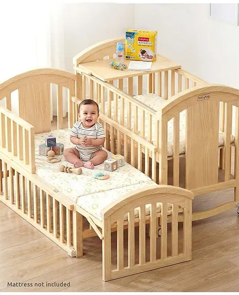 Babyhug 15 in 1 Baby Cot with Rocking Function and Parent Bed Attachment - Natural