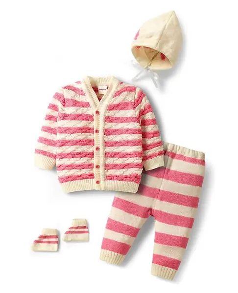 Babyhug Knit Full Sleeves Front Open Co-Ord Sweater Set with Stripe Design Cap with Knot & Booties - Pink & White