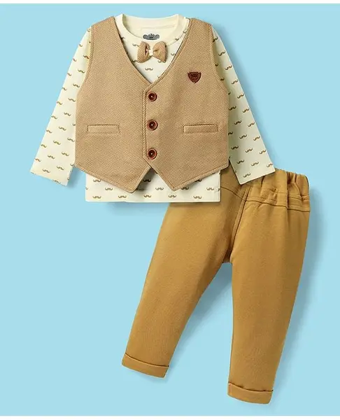 Mini Taurus Sinker Knit Full Sleeves 3 Piece Party Suit with Attached Bow with Moustache Print - Khaki & Yellow