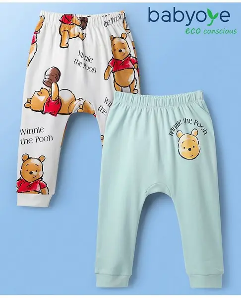 Babyoye Disney Interlock Knit Diaper Leggings With Winnie The Pooh Graphics Pack Of 2 - White & Light Blue