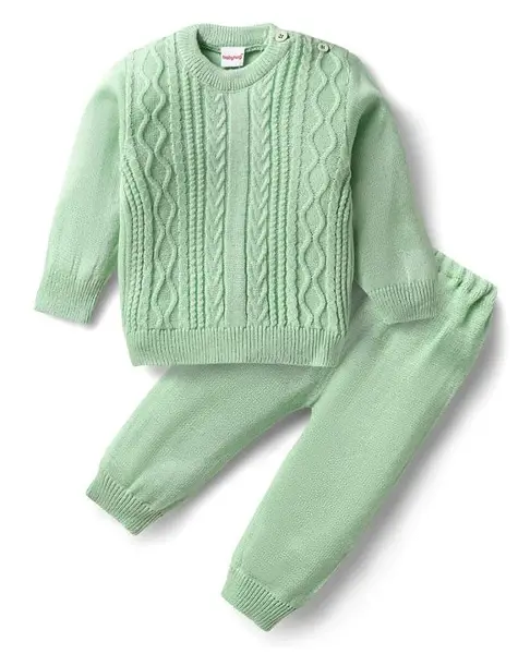 Babyhug Knitted Full Sleeves Sweater Set with Cable Knit Design - Light Green