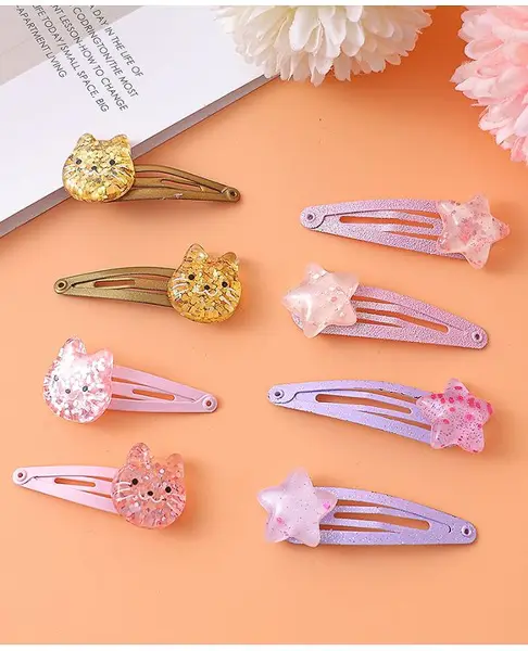 Babyhug Snap Clips with Star & Cat Applique Pack of 8 - Multicolor