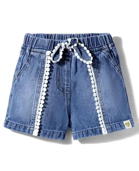 Little Kangaroos Denim Woven Knee Length Washed Shorts With Lace Detailing & Bow - Navy Blue