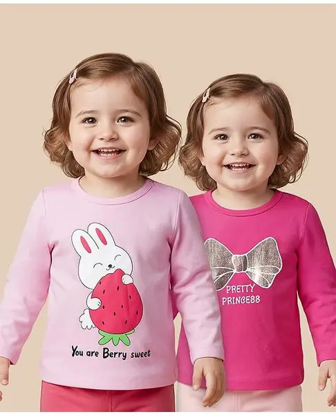 Babyoye 100% Cotton Knit Eco Jiva Finish Full Sleeves T-Shirts With Bunny Print Pack Of 2 - Pink & Dark Pink