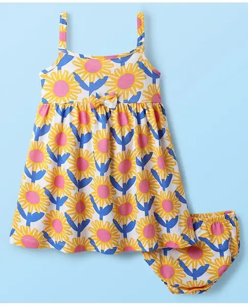 Babyhug Single Jersey Knit Sleeveless Frock With Floral Print & Bloomer - Yellow & White