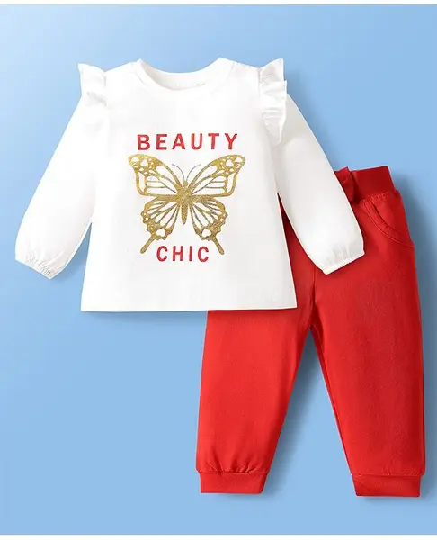 Doodle Poodle 100% Cotton Full Sleeve Butterfly Paris Theme Printed T-Shirt & Lounge Pant Set - Red & White
