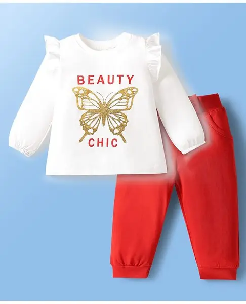 Doodle Poodle 100% Cotton Full Sleeve Butterfly Paris Theme Printed T-Shirt & Lounge Pant Set - Red & White