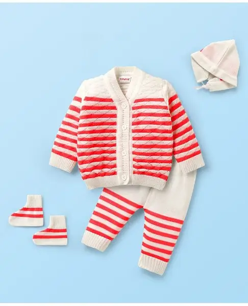 Babyhug Knitted Full Sleeves Striped Front Open Sweater Set with Pair of Booties & Cap - Red & White