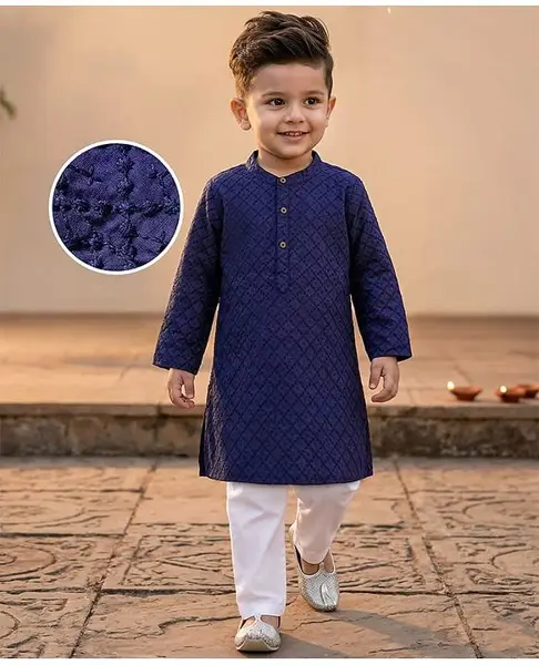 Babyhug Cotton Woven Full Sleeves Kurta Pajama Set with Embroidery - Navy Blue