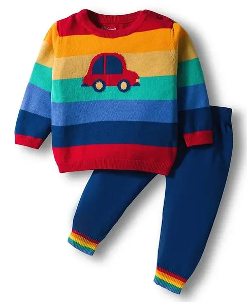 ToffyHouse Cotton Sweater Knit Full Sleeves Striped Winter Wear Set With Car Design - Blue