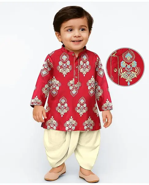 EARTHY TOUCH Single Jersey Knit Full Sleeves Kurta Dhoti Set with Ethnic Motif Print - Red & Beige