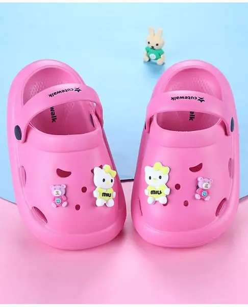Cute Walk by Babyhug Back Strap Closure Solid Coloured Clogs With Animal Applique - Fuchsia
