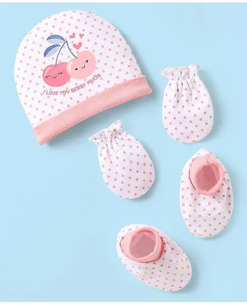 Babyhug 100% Cotton Knit Cap Mittens & Booties Set with Polka Dots & Berry Print White - Diameter 12 cm