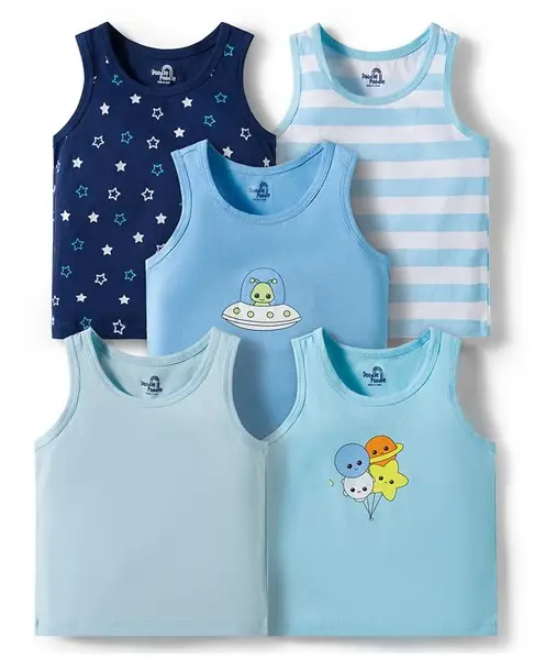 Doodle Poodle 100% Cotton Single Jersey Knit Sleeveless Vests With Star Print Pack Of 5 - Multicolour