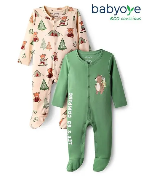 Babyoye 100% Cotton Knit With Eco Jiva Finish Front Open Footed Sleep Suits with Bear Print Pack of 2 - Green & Peach