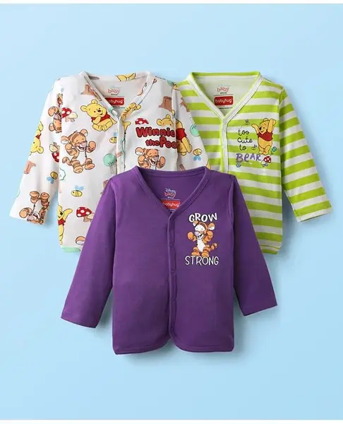 Babyhug Disney Interlock Knit Full Sleeves Front Open Jhablas with Winnie The Pooh Graphics Pack of 3 - Purple Light Green & White