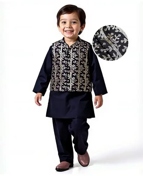 Babyhug Woven Full Sleeves Kurta Pajama Set with Jacket & Sequin Detailing - Navy Blue