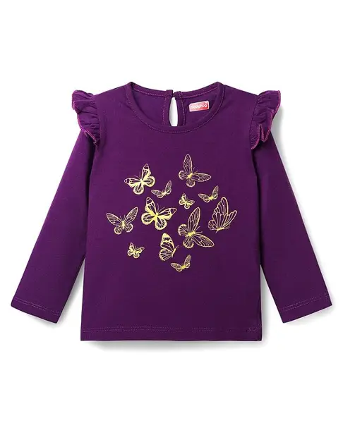 Babyhug 100% Cotton Knit Full Sleeves T-Shirt With Butterfly Print - Purple