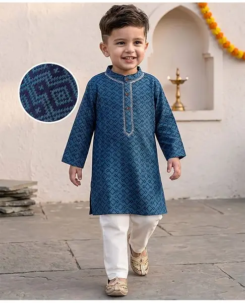 Babyhug Woven Full Sleeves Kurta & Pajama Set With Print & Embroidery - Navy Blue