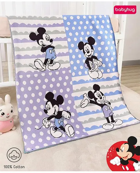 Babyhug Disney Premium CottonKnitted Blanket Mickey Mouse Print  - Lilac