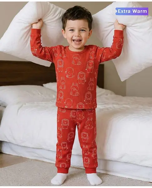 Babyoye Cotton Knit Full Sleeves Thermal Inner Wear Set with Animal Print - Rust Orange