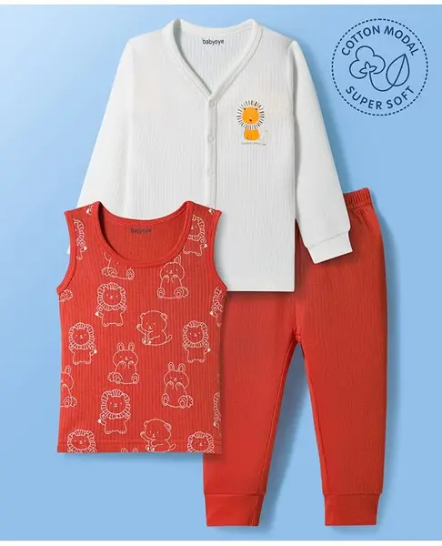 Babyoye Cotton Modal Super Soft Full Sleeves Animal Printed Thermal Inner Wear Set With Vest - White & Rust Orange