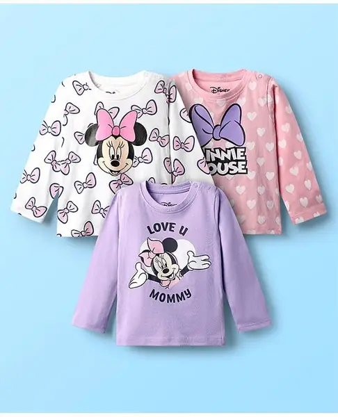 Babyhug Disney Single Jersey Knit  Full Sleeves T-Shirts With Minnie Mouse Graphics Pack Of 3 - Lilac & Pink