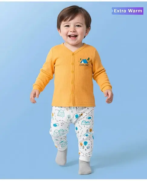 Babyoye Cotton Modal Super Soft Full Sleeves Front Open Thermal Inner Wear Set With Explore Text Print - Yellow