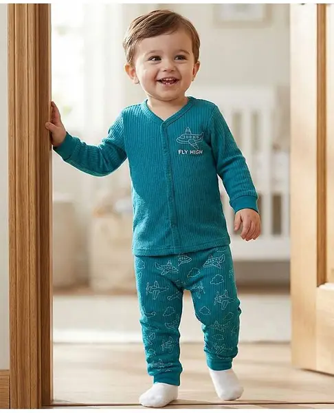 Babyoye Cotton Modal Super Soft Full Sleeves Front Open Thermal Inner Wear Set with Airplane Print - Teal Blue