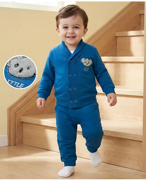 Babyoye 100% Cotton Knit Full Sleeves Front Open Winter Wear Suit Set with Koala Patch - Blue