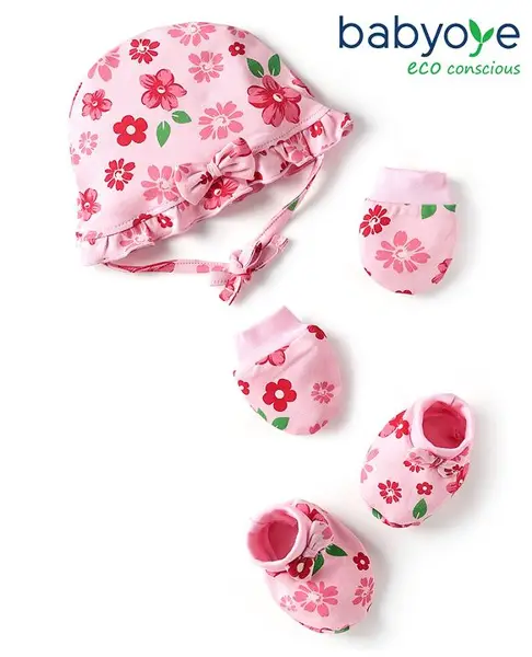 Babyoye 100% Cotton Knit with Eco Jiva Finish Cap with Knot Mittens & Booties Set with Floral Print Pink - Diameter 22 cm