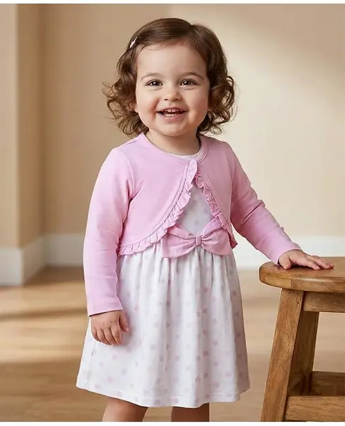 Babyoye 100% Cotton Knit Frock & Full Sleeves Shrug With Polka Dot Print & Bow Applique - Pink & White