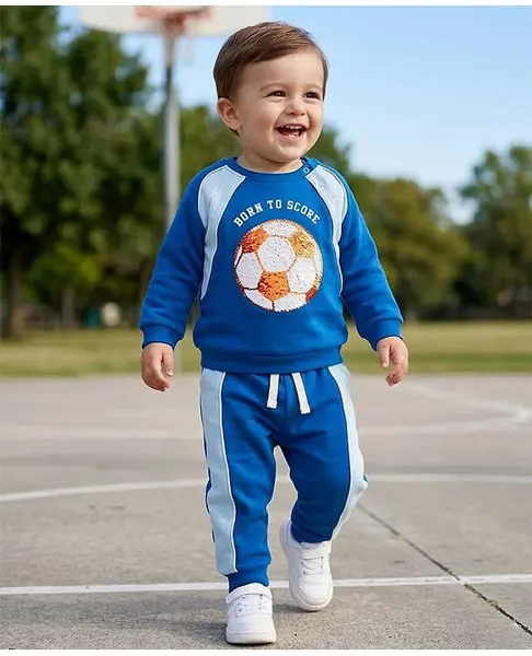 Babyoye 100% Cotton Knit Full Sleeves Cut & Sew Winter Wear T-Shirt & Lounge Pant Set with Reversible Sequin Detailing - Blue