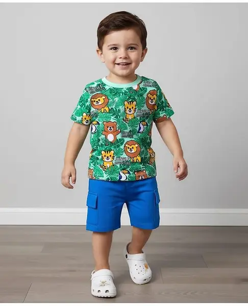 Babyhug Single Jersey Knit Half Sleeves T-Shirt & Short Set With Animal Print - Green & Blue